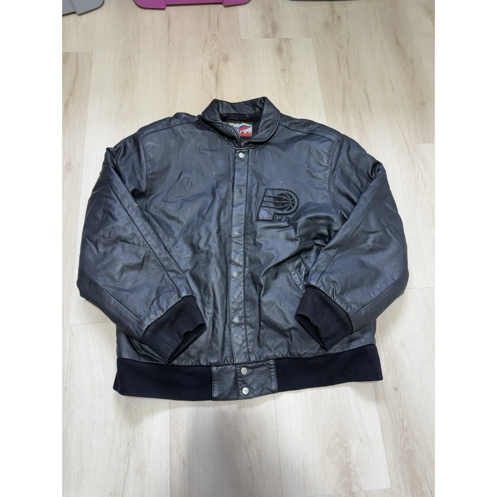 JH Indiana Pacers NBA Leather Vintage Black Full Snap Logo Men's XL Jacket
